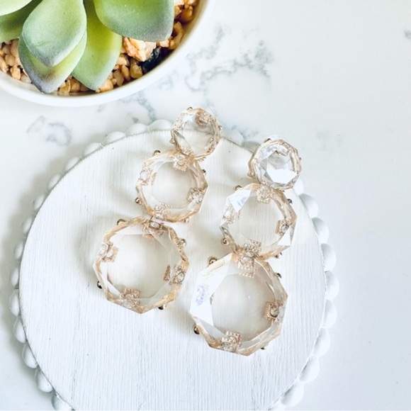 2/$30🌵 Gold Trim Geometric Acrylic Resin Earrings Clear Sparkle Statement NEW - Picture 1 of 8
